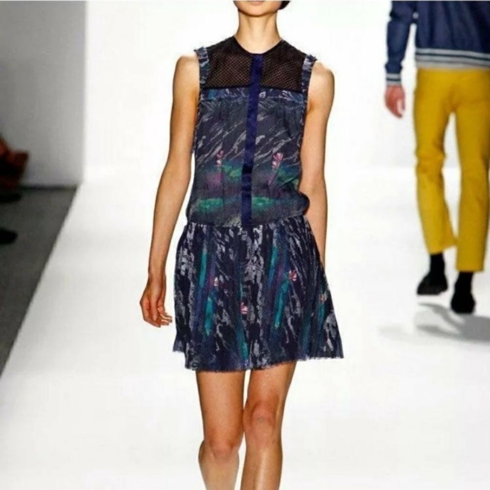 Timo Weiland Dress Blue Pleated Lilypad Print Drop Waist Mini Dress